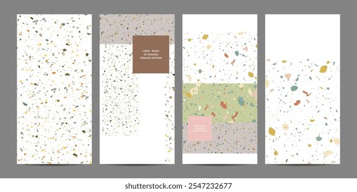 Set seamless terrazzo patterns on white background. Banners Pattern for ceramics marble natural stone. Vector stock illustration textured shapes in vibrant colors