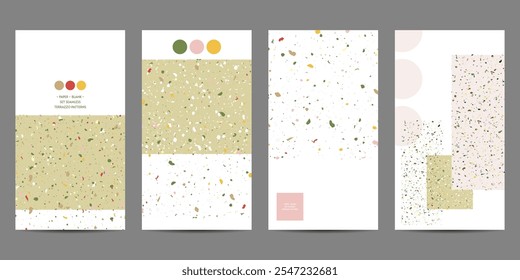 Defina padrões de terrazzo sem costura no fundo branco. Banners Padrão para cerâmica mármore pedra natural. Formas texturizadas de ilustração de estoque vetorial em cores vibrantes