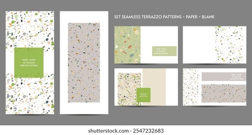 Stellen Sie nahtlose Terrazzomuster auf weißem Hintergrund auf. Banner Muster für Keramik Marmor Naturstein. Vektorgrafik mit strukturierten Formen in lebendigen Farben