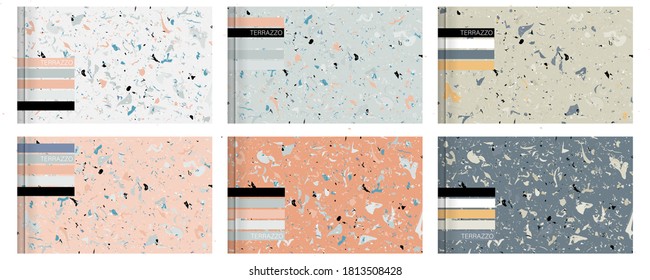 Set seamless terrazzo patterns. Pattern for ceramics marble natural stone. Vector stock illustration textured shapes in vibrant