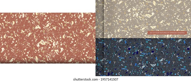 Set seamless terrazzo patterns. Pattern for ceramics marble natural stone. Vector stock illustration textured shapes in vibrant colors