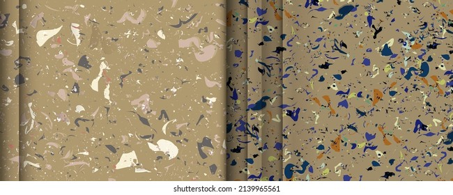 Set seamless terrazzo patterns. Pattern for ceramics marble natural stone. Vector stock illustration textured shapes in vibrant colors