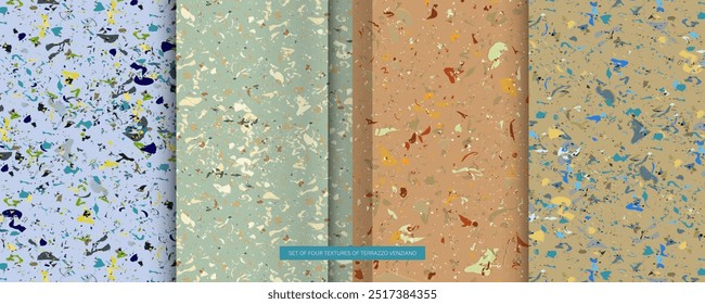 Definir padrões terrazzo sem costura. Padrão para cerâmica mármore pedra natural. Formas texturizadas de ilustração de estoque vetorial em cores vibrantes