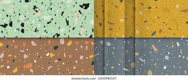 Set seamless terrazzo patterns. Pattern for ceramics marble natural stone. Vector stock illustration textured shapes in vibrant colors