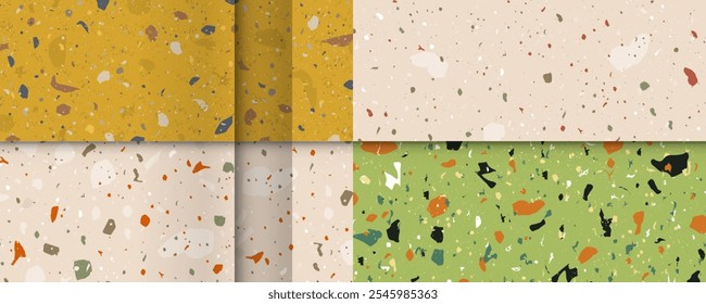 Set seamless terrazzo patterns. Pattern for ceramics marble natural stone. Vector stock illustration textured shapes in vibrant colors