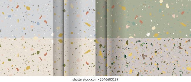 Set seamless terrazzo patterns. Pattern for ceramics marble natural stone. Vector stock illustration textured shapes in vibrant colors