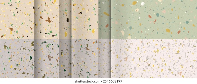 Set seamless terrazzo patterns. Pattern for ceramics marble natural stone. Vector stock illustration textured shapes in vibrant colors