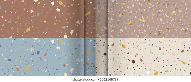 Set seamless terrazzo patterns. Pattern for ceramics marble natural stone. Vector stock illustration textured shapes in vibrant colors	