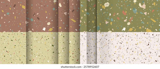 Set seamless terrazzo patterns. Pattern for ceramics marble natural stone. Vector stock illustration textured shapes in vibrant colors
