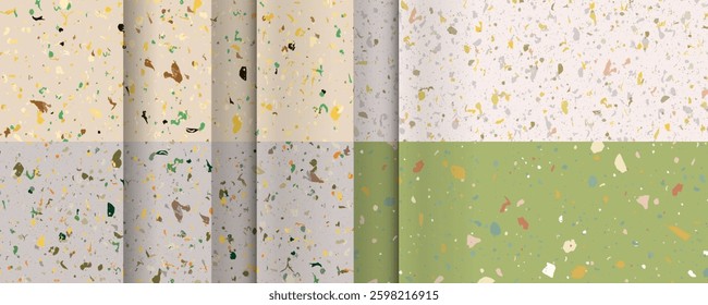  Set seamless terrazzo patterns. Pattern for ceramics marble natural stone. Vector stock illustration textured shapes in vibrant colors