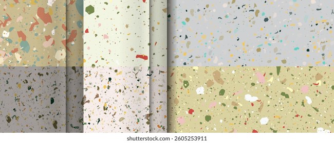 Set seamless terrazzo patterns. Pattern for ceramics marble natural stone. Vector stock illustration textured shapes in vibrant colors