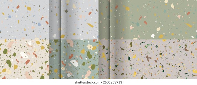Set seamless terrazzo patterns. Pattern for ceramics marble natural stone. Vector stock illustration textured shapes in vibrant colors