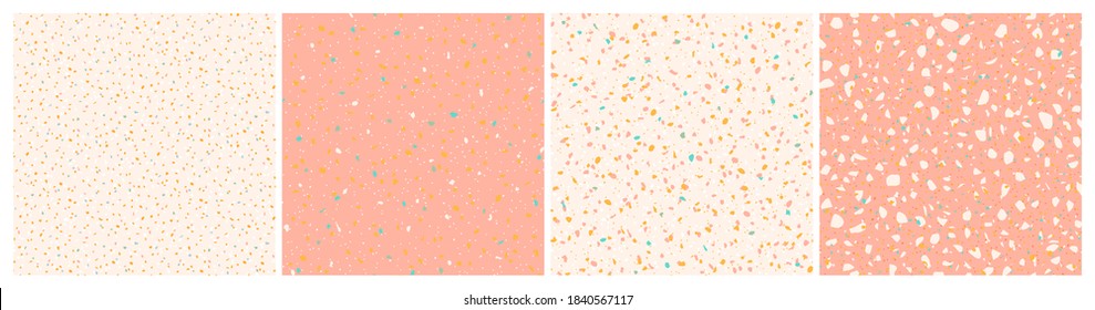 Set of seamless terrazzo patterns. Pink, cream and mustard yellow, turquoise terrazzo texture backgrounds. Colorful, gentle, pastel backdrops.