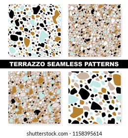 Set of seamless terrazzo patterns. Unique templates, repeating backgrounds. Marble textures. eps 10