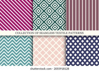 Set of seamless textile patterns - elegant colorful geometric design. Vector ornamental repeatable backgrounds. Endless simple fabric prints