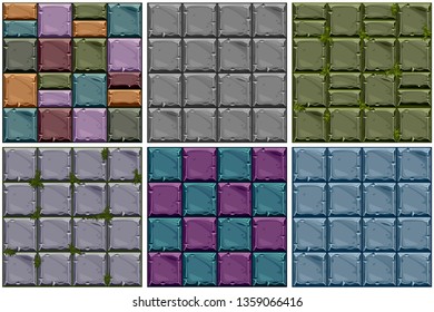 Conjunto textura sin fisuras de piedra coloreada, fondo de Vector azulejos de pared de piedra. Ilustración para la interfaz de usuario del elemento del juego
