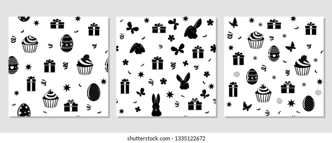 Set of seamless texture - Easter. Flowers, painted eggs, rabbits etc. Eps10 vector pattern.
