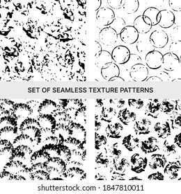 Set of seamless texture patterns. Black paint, ink brush strokes, grungy. Freehand drawing. Vector illustration. Isolated on white background.