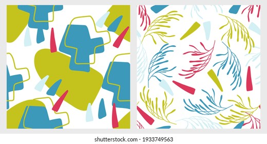 Conjunto de texturas sin fisuras. Resumen de un patrón floral sin fisuras con ramas de colores azul, azul claro, rosa y verde y patrón abstracto sin fisuras con diferentes formas y formas geométricas de color