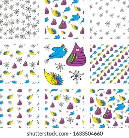 Set of seamless textures with animals and abstract doodle elements on a white background. Funny owl, bird and hedgehog with bulging eyes. Collection. Children's pattern. Doodle style