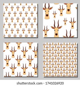 Set of seamless textures with antelope head. Collection of african animalistic patterns. Children's cartoon character on fabric, wallpaper or packaging. Patterns on the swatch panel.
