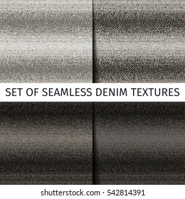 Set of seamless textures with black denim with different saturation and worn middle part

