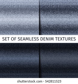 Set of seamless textures with blue black jeans with different saturation and worn middle part
