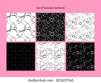 Set of seamless textures from circles drawn in ink. Monochrome vector illustration.