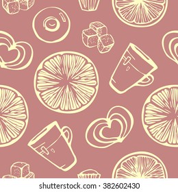 Set of seamless textures with cups, sugar and lemon. Perfect for card design, fabric, scrapbook, album.
