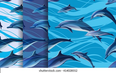 set of seamless textures with dolphins under the water, vector illustration