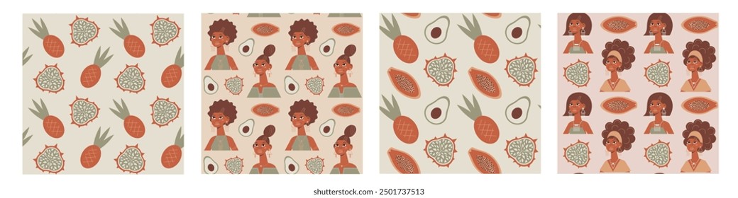 Set of seamless textures with exotic fruits and african women portraits. Healthy food and stylish people wallpapers. Vector ethnical collection of patterns.