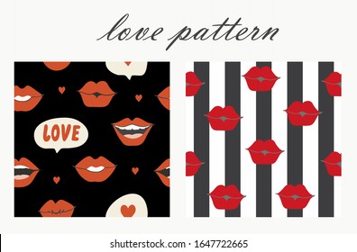 Set of seamless textures. Full lips, closed mouth on a vertical, striped black and white background and tags with a heart and the inscription love, vector. For printing on clothes, T-shirts, bags