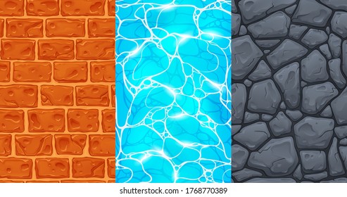 Set of seamless textures for game development in casual style - stone road, brick wall, blue water