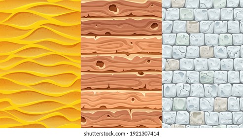 Set of seamless textures for game development in casual style - sand in a desert, wooden wall, old pavers