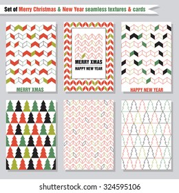 Set of seamless textures and greeting cards for Christmas and New Year. Stylish flat design. Vector illustration. Template for , Congratulations, Invitations, Web, Wallpaper, Textile, Wrapping