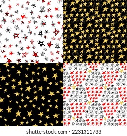 Set of seamless textures with hand drawn doodle stars. Christmas patterns for holiday wrapping paper