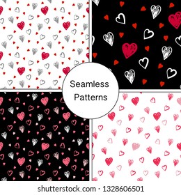 Set of seamless textures. Hand-drawn big and small hearts. Vector illustration for Valentine's Day