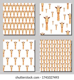 Set of seamless textures with the head of a giraffe. Collection of african animalistic patterns. Children's cartoon character on fabric, wallpaper or packaging. Patterns on the swatch panel.