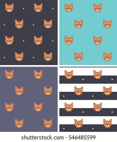 Set of seamless textures with image dog breed Yorkshire Terrier. Textures in dark blue and light blue colors.