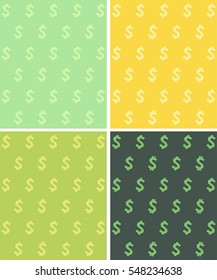 Set of seamless textures with the image of a dollar sign. Textures in the green, light green, pale green and yellow colors.