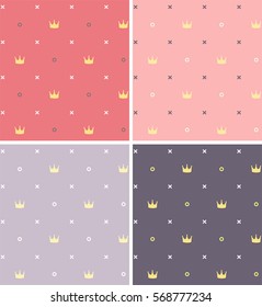Set of seamless textures with a pattern in the crosses, rings and gold crowns in magenta, pink, purple and violet colors.