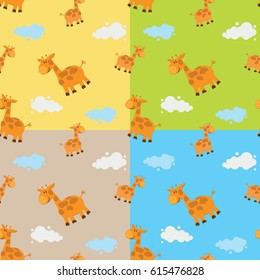 Set of seamless textures, pattern cute giraffe on a color background, vector illustration