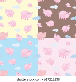 Set of seamless textures, pattern cute pig on the color background, vector illustration