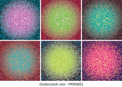 set of seamless textures with swirls in nine color combinations