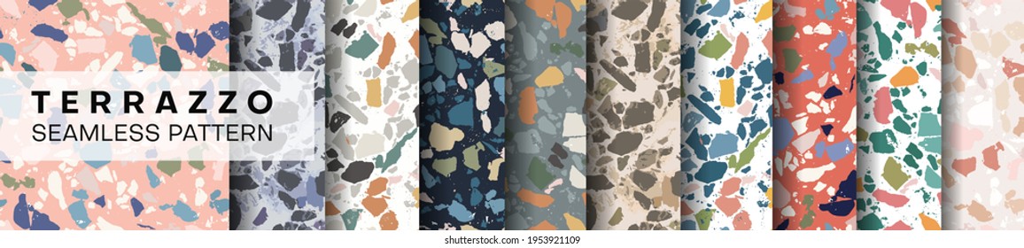 Set of seamless textures of terrazzo and artificial stone. Vector design