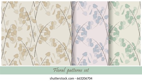 Set of seamless textures with thin and graceful lunary branches