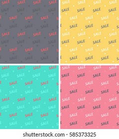 Set of seamless textures with the word sale in pink, gray and purple, yellow and blue colors.