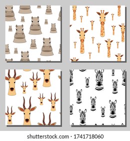 Satz nahtloser Texturen mit Zebra, Antilope, Giraffe und Hippo Kopf in zufälliger Reihenfolge. Sammlung afrikanischer animalischer Muster. Kindercartoon-Figuren auf Stoff, Tapete oder Verpackung.