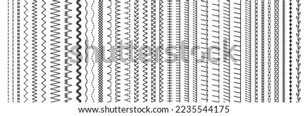 Set of seamless thread sew brushes. Machine embroidery stitches. Overlock fabric elements. Sewing seams. Vector. Outline border isolated on white background. Simple graphic illustration.