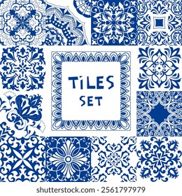 Set of seamless tiles Azulejos in blue and white. Original traditional Portuguese and Spain decor. Seamless patchwork tile with Victorian motives. Ceramic tile in talavera style. Gaudi mosaic. Vector